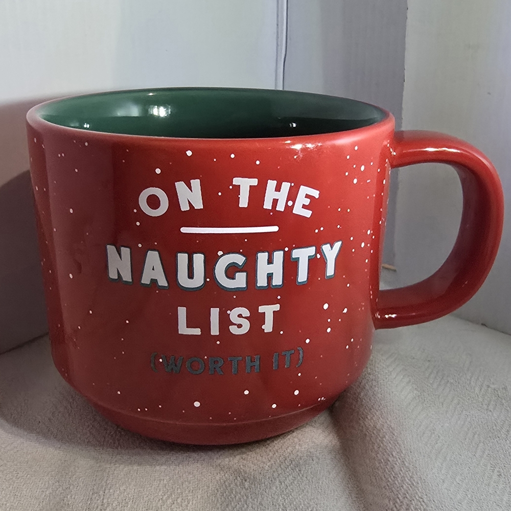 Red Ceramic Mug with Naughty List Design